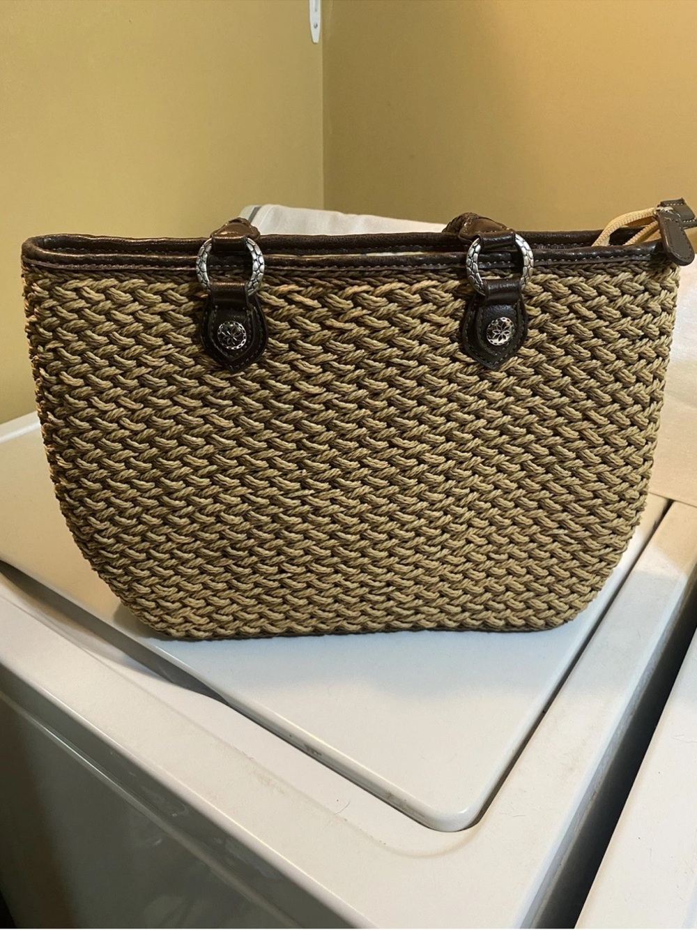 Woven Straw Tote with Dark Brown Trim